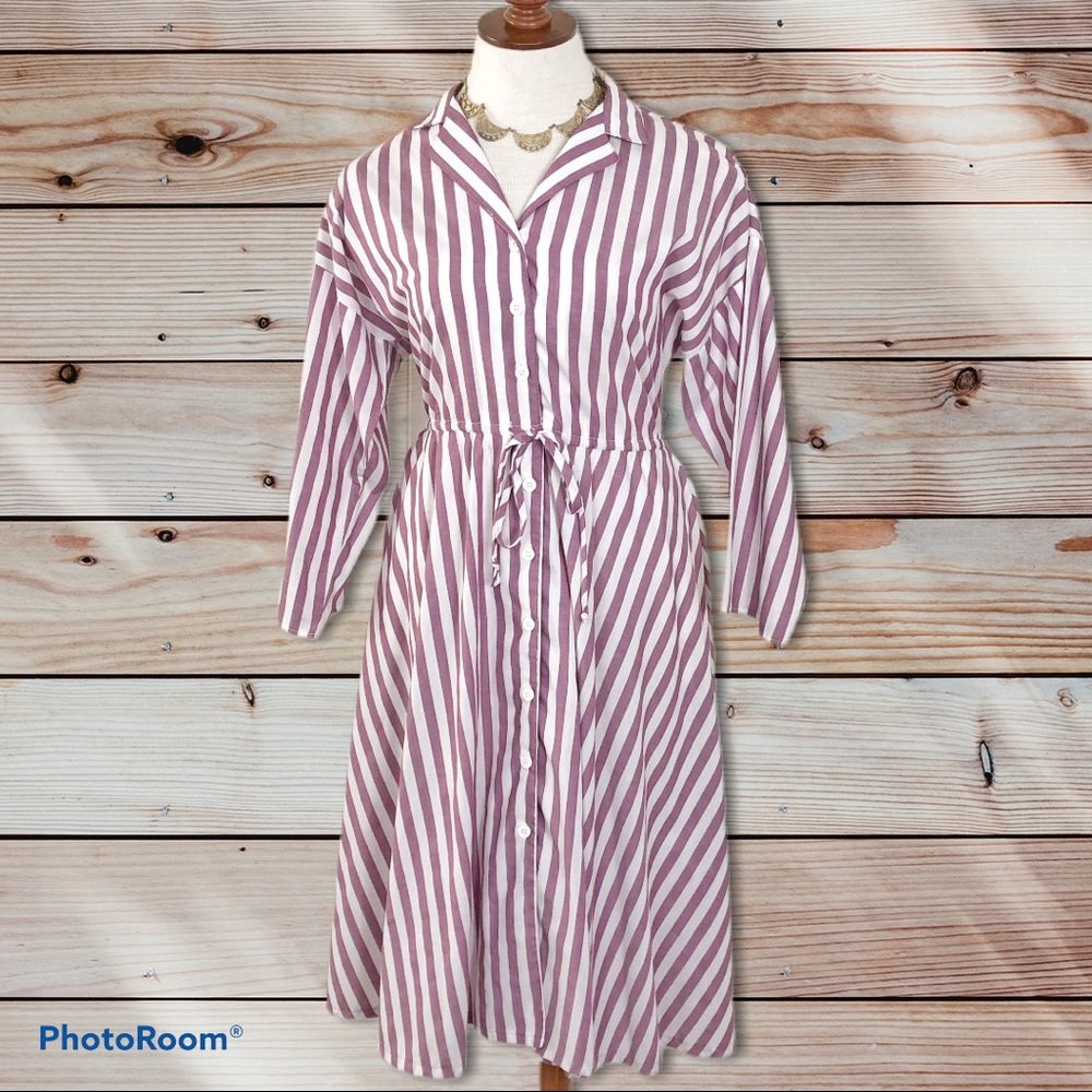 Vtg 80s Shirt Dress Stripes Secretary Nautical